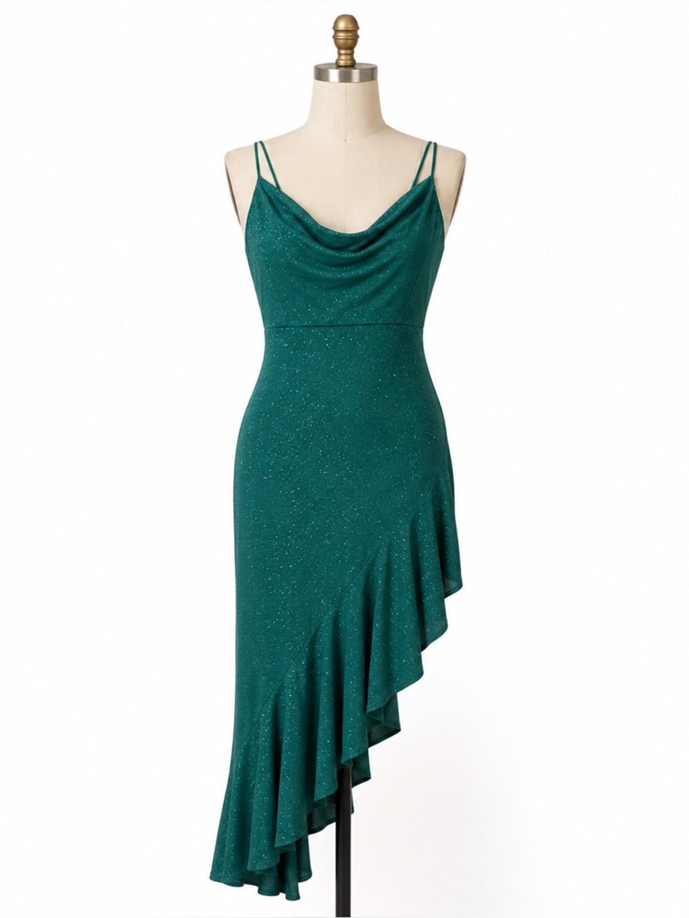 Emerald Sundae Hunter Green Glitter High-Low Ruffle Evening Dress – Size L